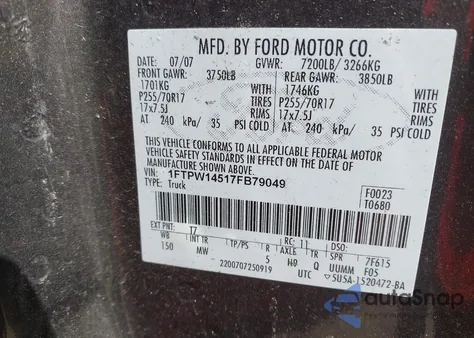 2007 Ford F-150 Fx4/Lariat/Xlt из США, поврежденный, VIN 1FTPW14517FB79049